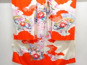 アンティーク　扇面に花鳥模様一ツ紋着物（長襦袢・内袖付き）